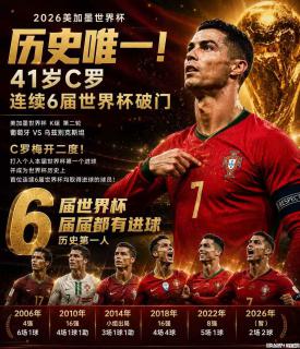 2026美加墨世界杯 历史唯一！41岁C罗 连续6届世界杯破门